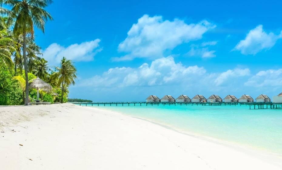 Beautiful panoramic landscape of over water villas, Maldives island, Indian Ocean