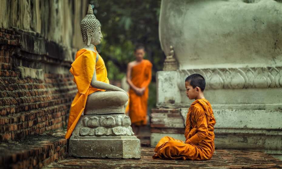 Novices Monk Vipassana Meditation at Front of Buddha Statue, Bhutan