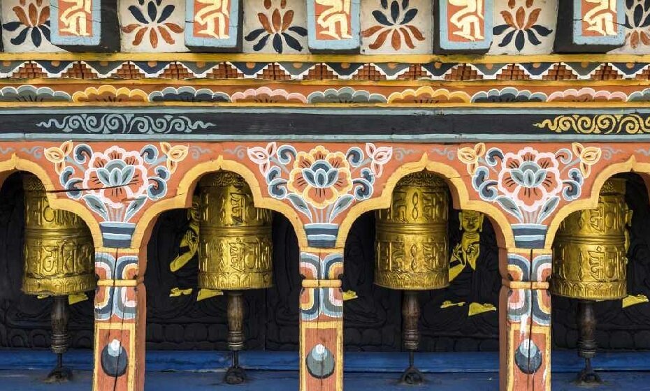 Buddhism Prayer Wheels at Chimi Lhakang Monastery Punakha, Bhutan