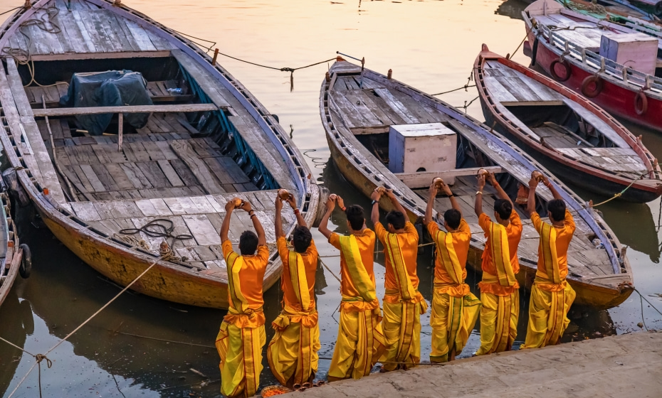 Young Priests offer Prayers to the Ganges River, Varanasi, Uttar Pradesh