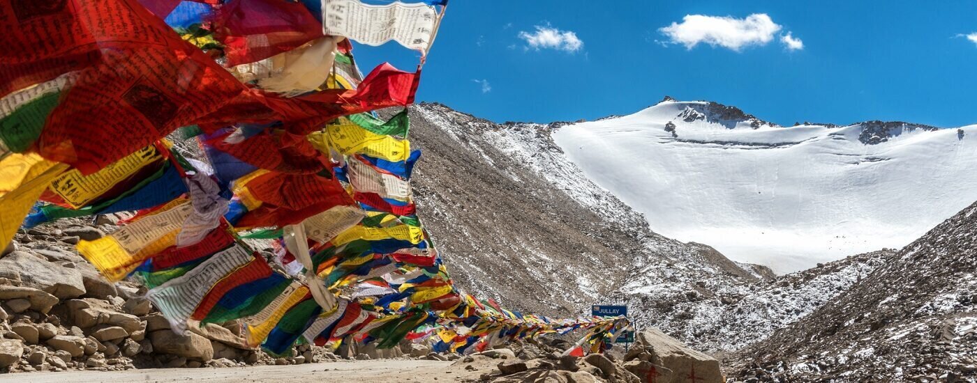 Prayer flags at Khardungla Pass, the highest motorable pass in the world, ladakh, Jammu and Kashmir, India