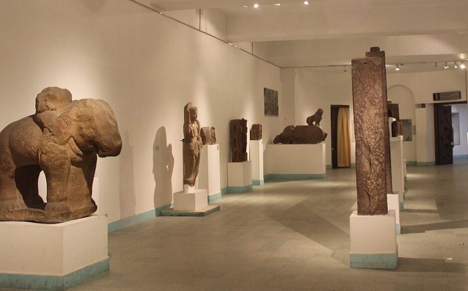 Stone artefacts at the National Museum of India, Delhi including a sculpture of an elephant
