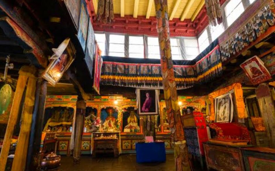 The brightly coloured interior of the Stok Palace Museum, Leh