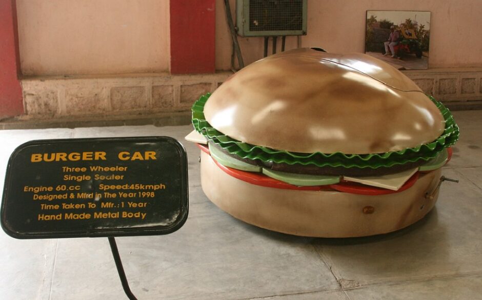 A quirky burger car in the Sudha Car Museum