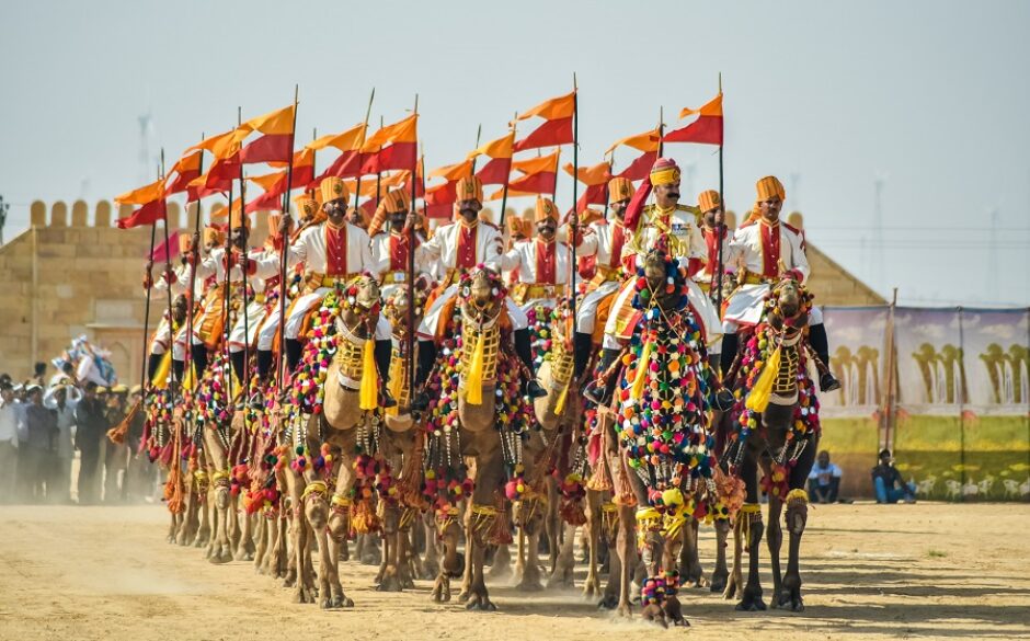 A procession of horses at the Jaisalmer, Desert Festival