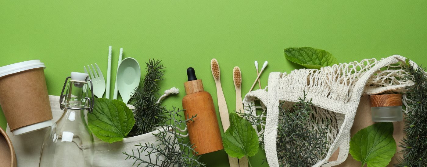Zero Waste Week - green background with recyclable products