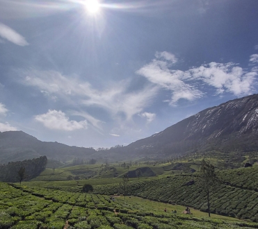 Photo of a mountain with the sun shining at the top with blue skies