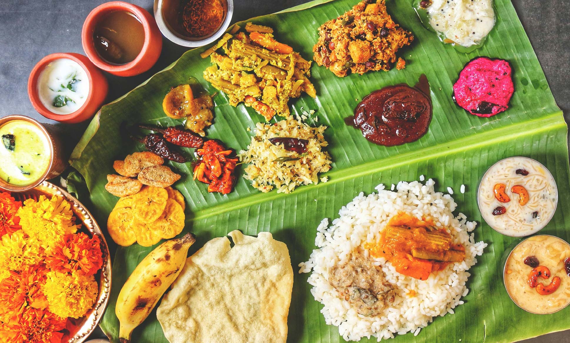 Kerala style food in a banana leaf, Kerala