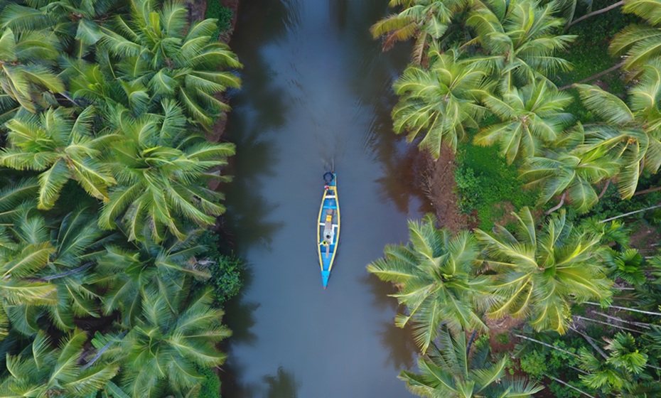 Backroads of Kerala Tour - Aerial View of a boat on the backwaters