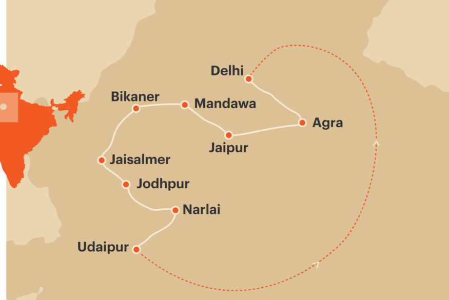 Palace, fort and deserts through rajasthan map