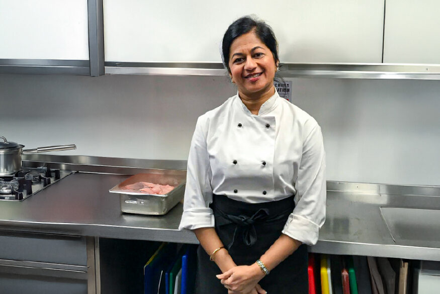 Chef Monisha Bharadwaj in her chef's whites