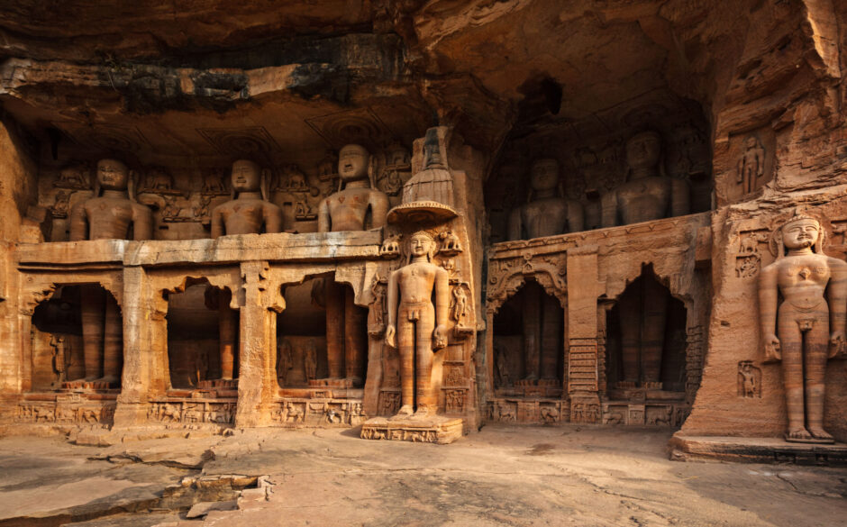 Rockcut Statues of Jain thirthankaras in rock niches near Gwalior fort.